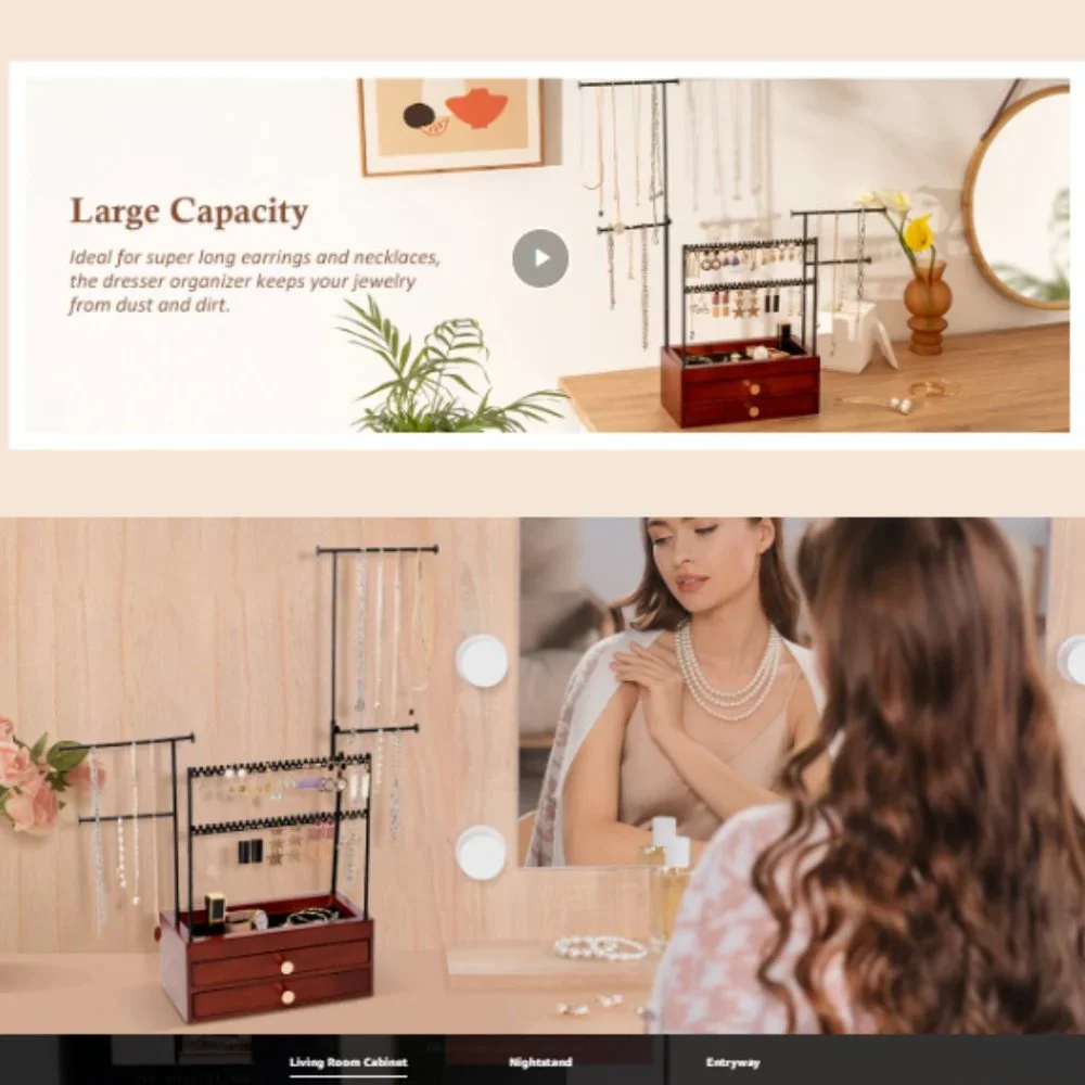 5-Tier Jewelry Stand - Earring Holders - Necklace Towers + 2 Wooden Drawers